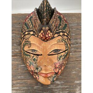 Unique Wood Hand-carved Batik Indonesian Ceremonial Tribal Wall Mask Floral Bird
